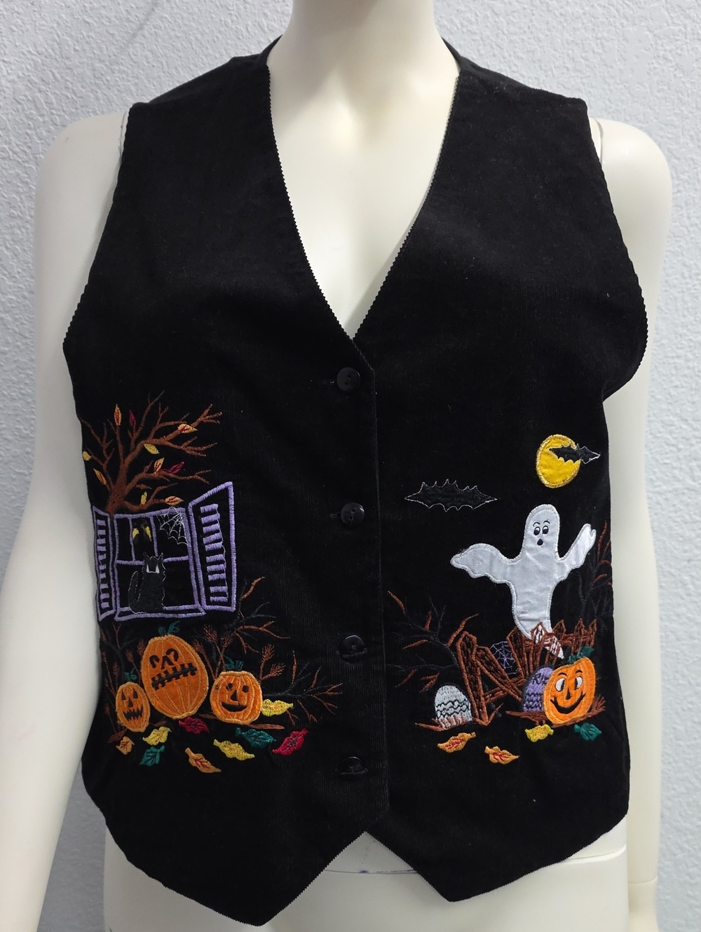 Casual Corner Vintage Halloween Embroidered Vest Size Large Black